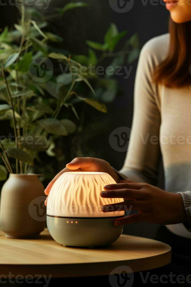 Person using essential oil diffuser during autumn cold isolated on a gradient background photo