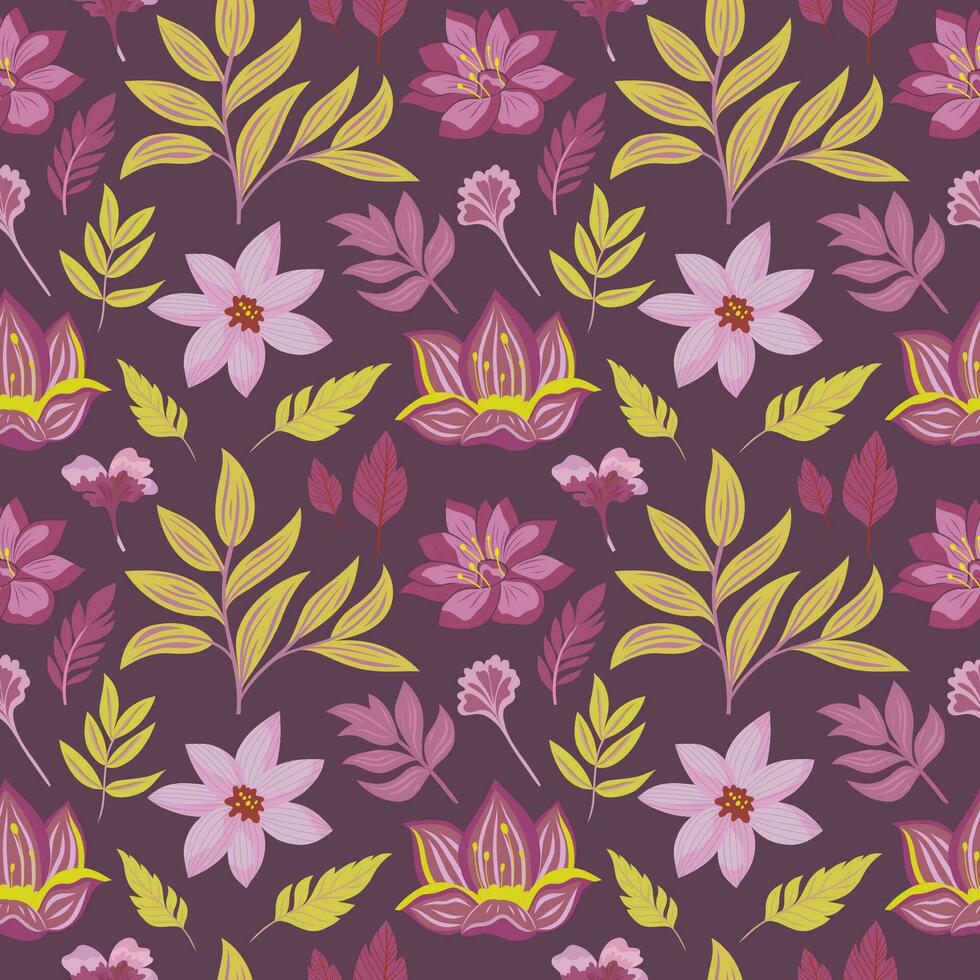 Floral seamless pattern with vector flowers and leaves. Pastel colors, vintage decoration. Ready for print on textile, wrapping paper or wallpaper