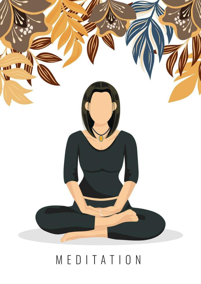 Poster with meditating girl with colorful floral elements. Frames with flowers and leaves, faceless style. Can be used as banner or invitation to meditation event. vector