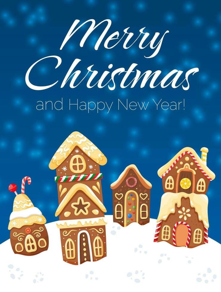 Christmas greeting card with colorful background. Gingerbread houses and snowy weather. Merry Christmas and happy new year vector