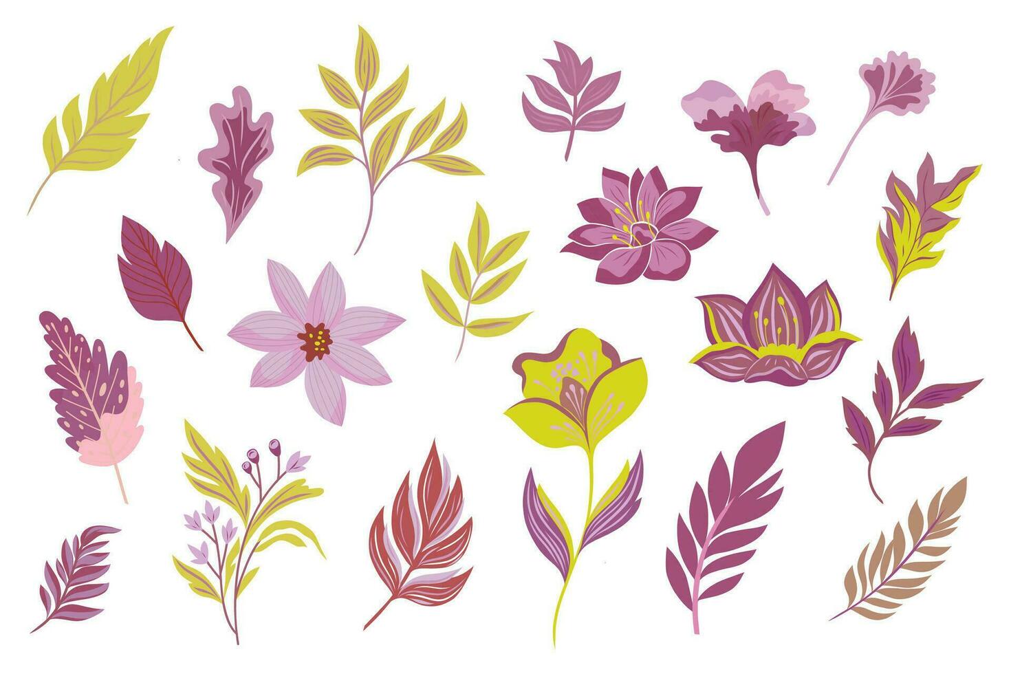 conjunto de vistoso hojas y flores vector elementos para decorativo floral diseño. aislado objetos en blanco antecedentes.