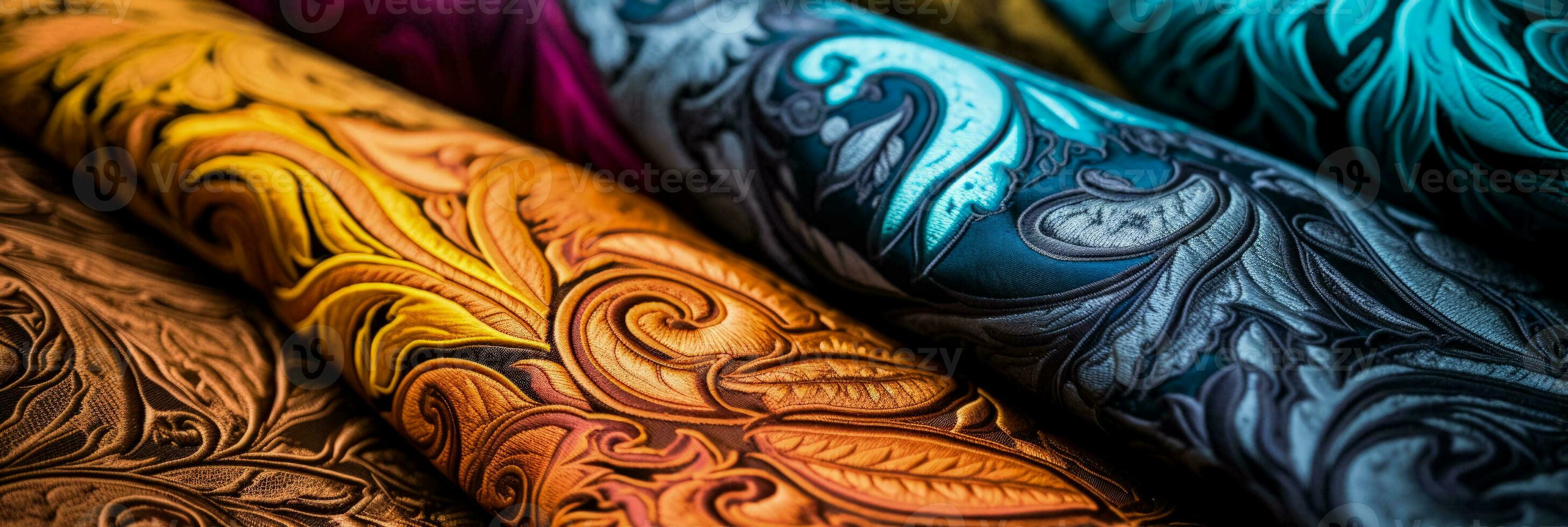 Close ups highlighting detailed paisley designs on a variety of textile materials photo