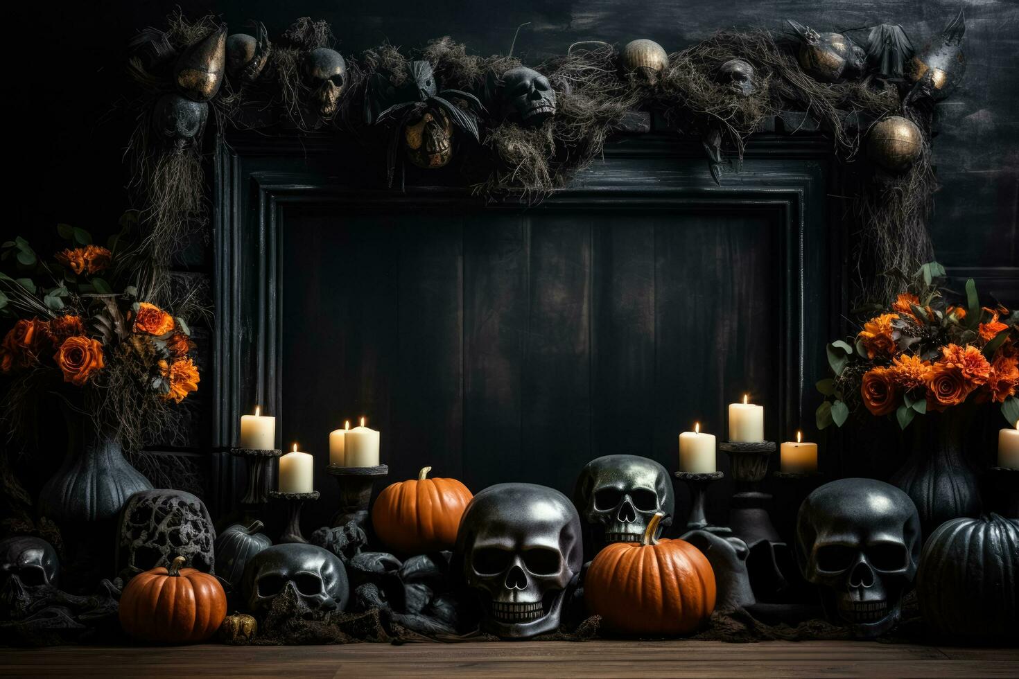 Hauntingly beautiful Halloween fireplace mantel decor background with empty space for text photo