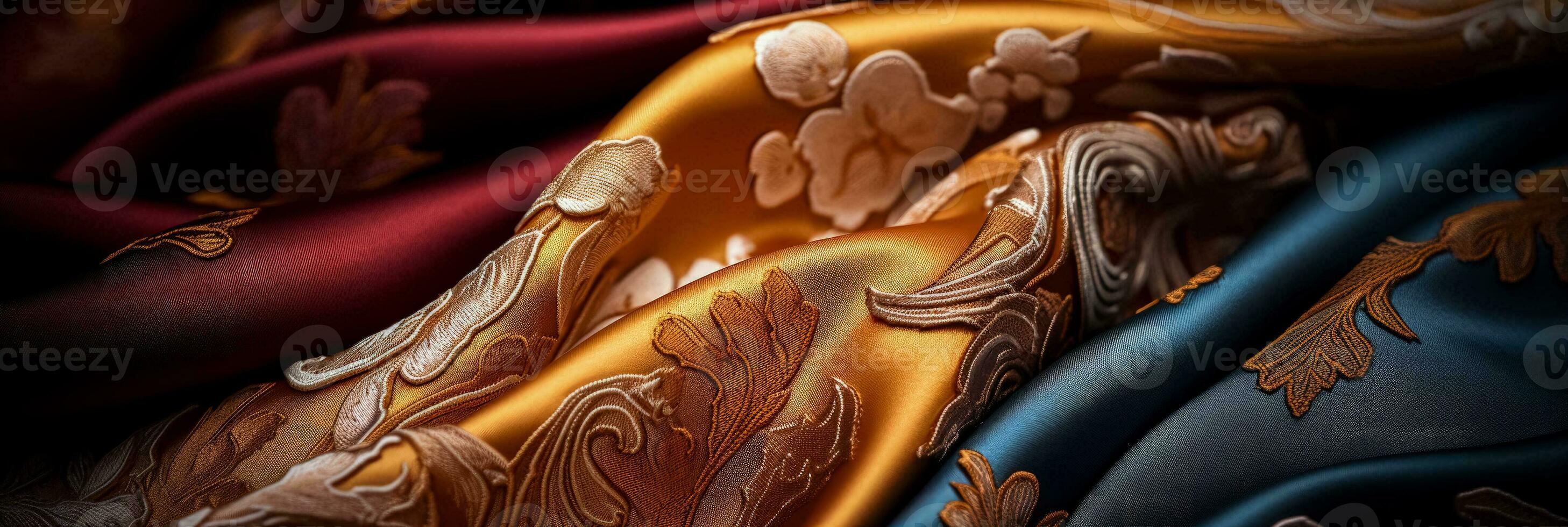 Macro shots revealing elegant brocade patterns on luxurious silk textiles photo
