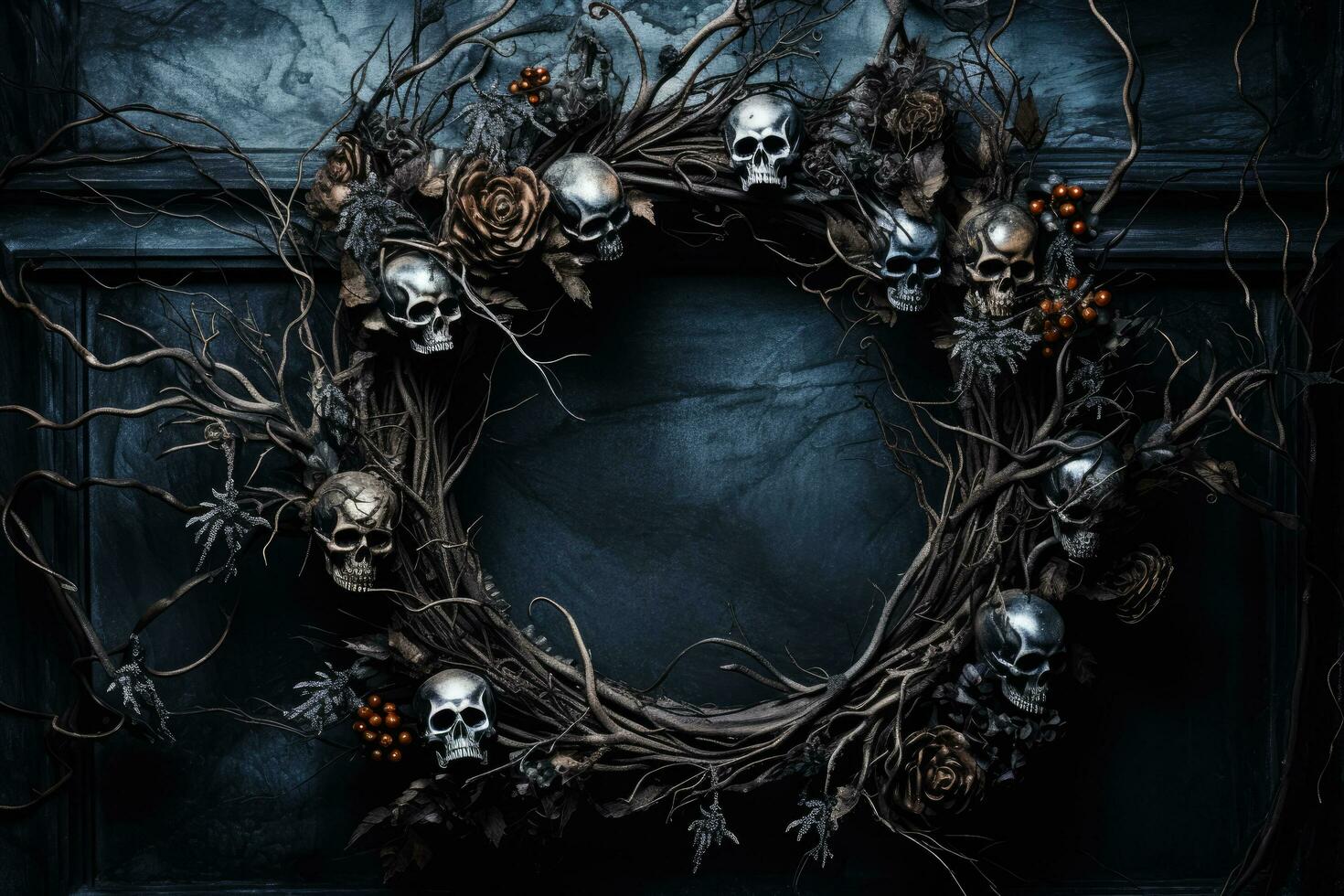 Gothic Halloween wreath adorning a dark door background with empty space for text photo