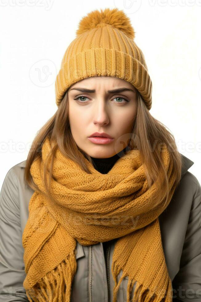 persona en de lana sombrero y bufanda sensación enfermo en otoño aislado en un blanco antecedentes foto