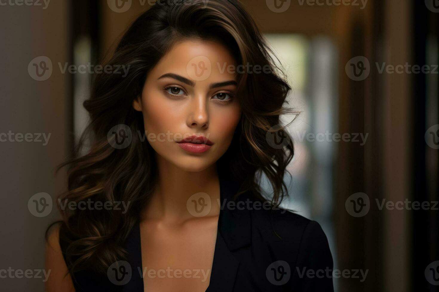 Model gazes at camera elegantly poses caressing flawless countenance photo