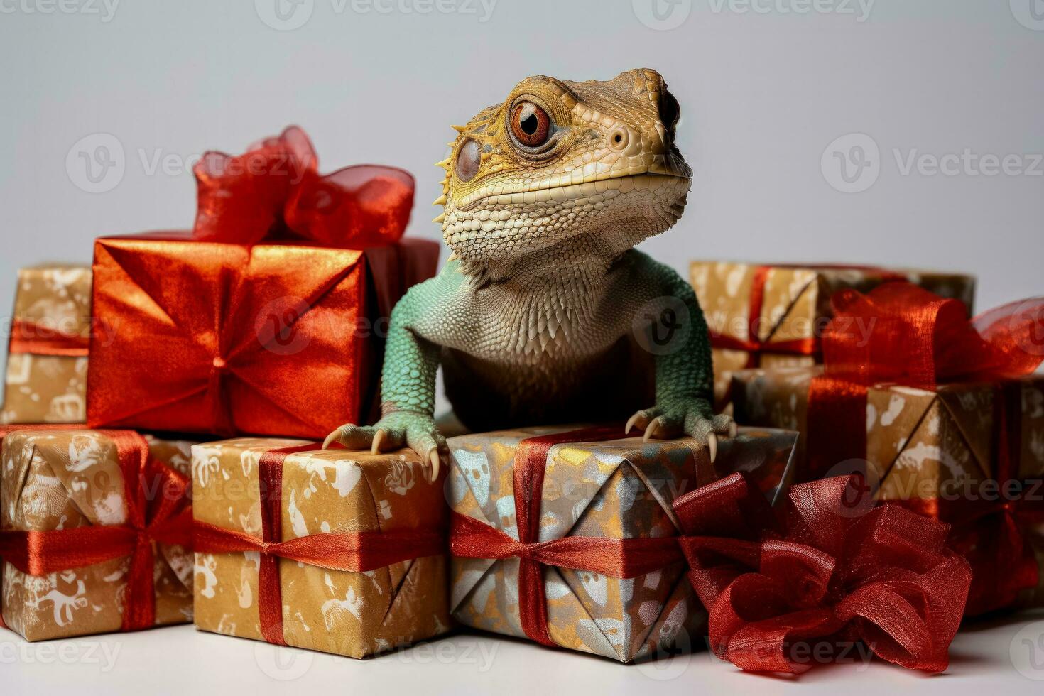 Exotic reptile and amphibian minimalist style Christmas gifts isolated on a white background photo