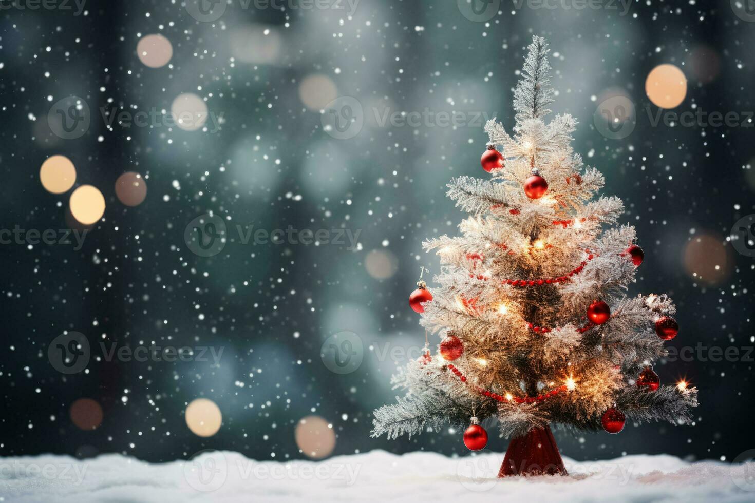 Festive outdoor Christmas tree with snow bokeh lights and falling snow creating a joyful holiday ambiance photo