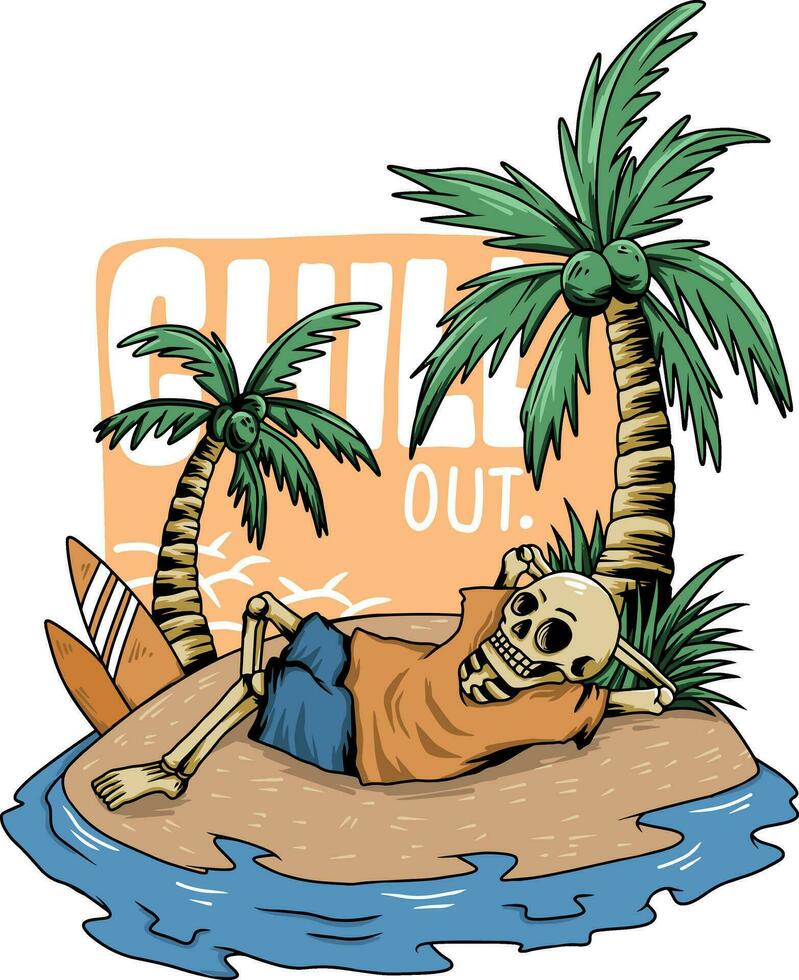 50. Vector illustration of a skeleton enjoying summer time at the beach. Suitable for t shirt design, sticker, poster, print, etc