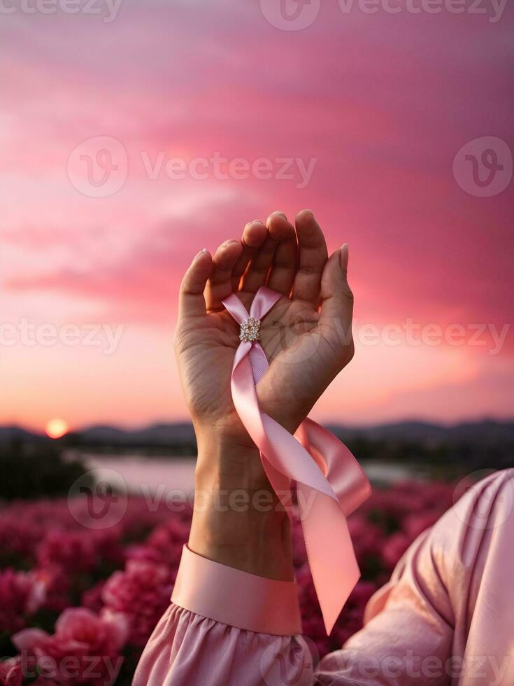 A woman hand holding a pink ribbon with a background of pink sky photo