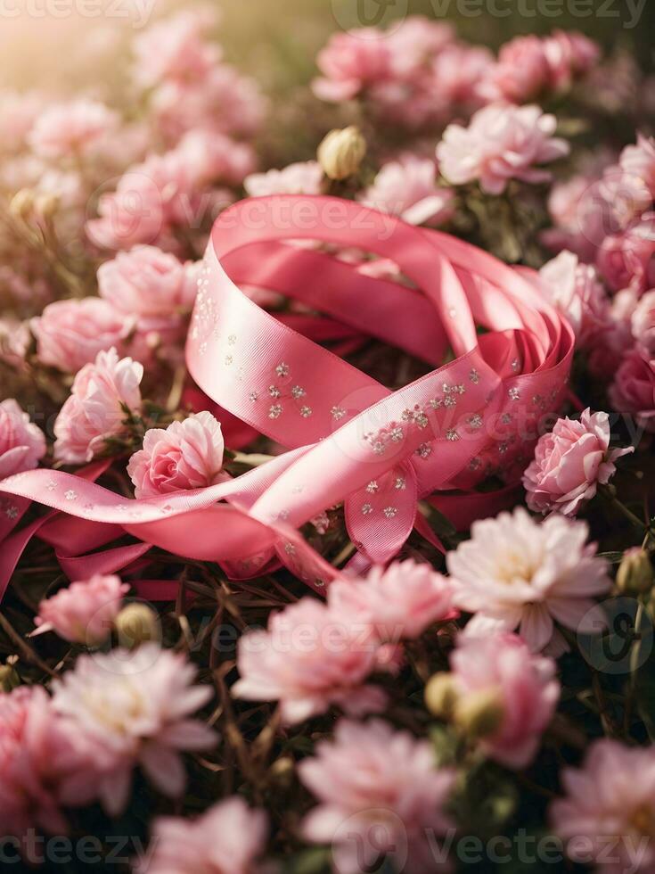 A Pink Ribbon Illuminated by a bright light surrounded by flowers photo