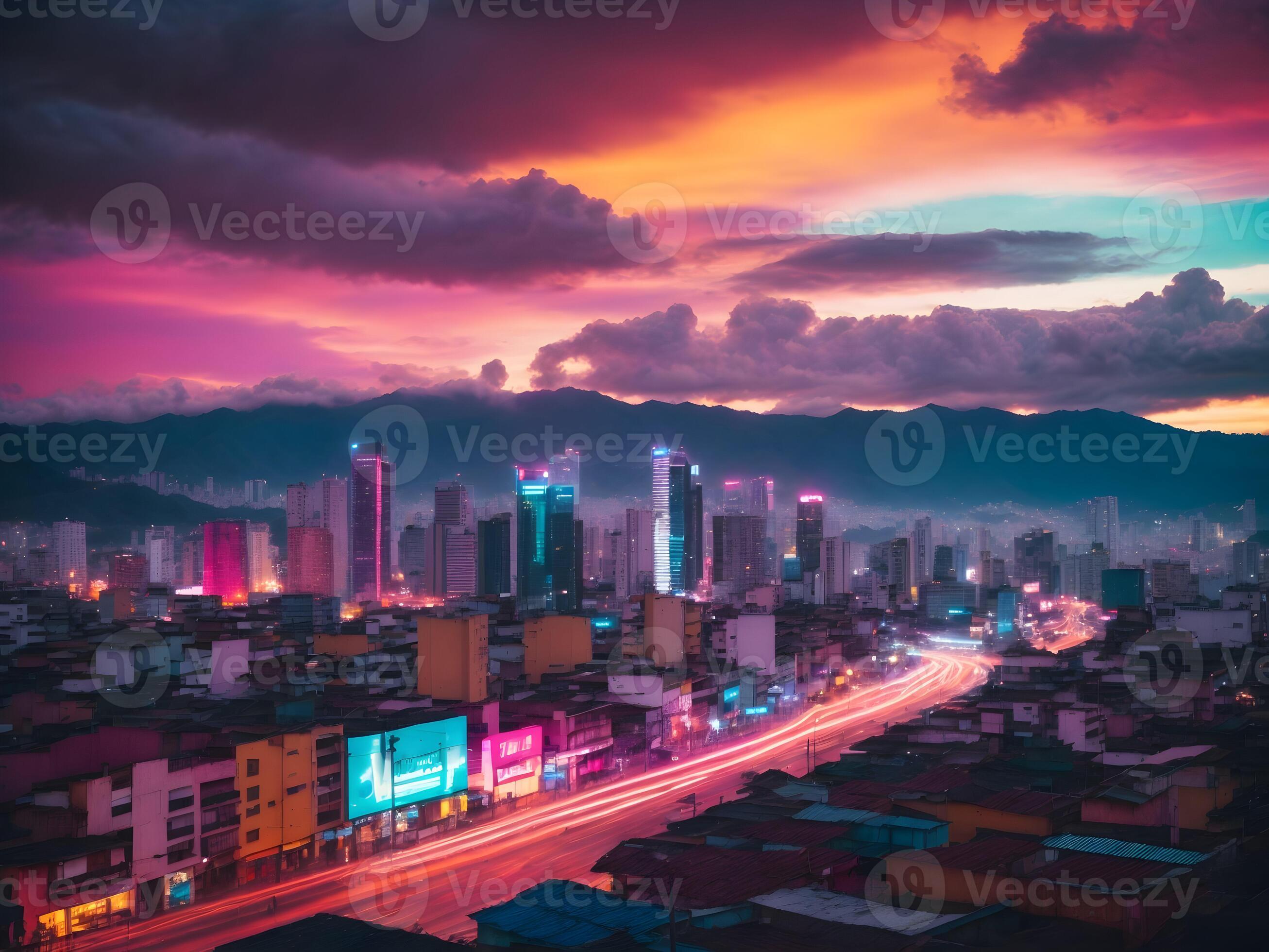 A vibrant, technicolor cityscape of Colombia, illuminated by the glow