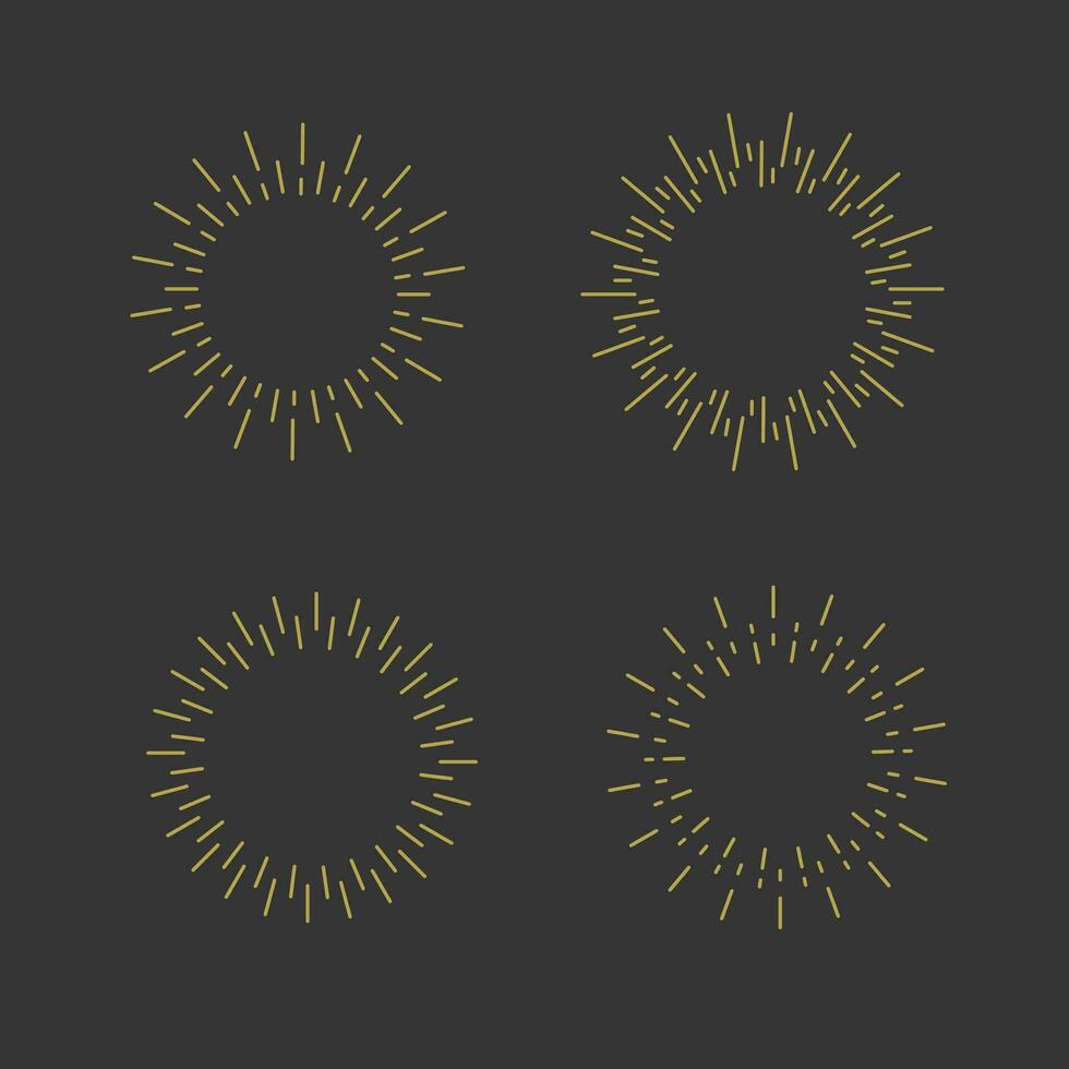 Sunburst boho style. Bursting rays line icon set. Sun Lights, vintage frames. Vector illustration on black background
