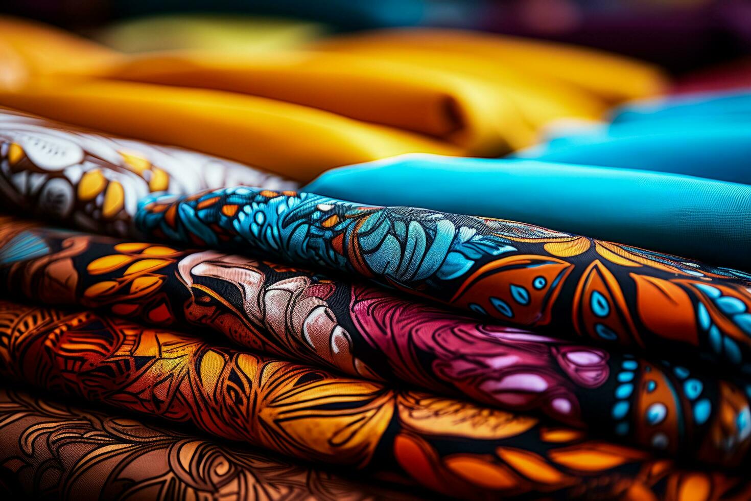 Detailed close up shots of vibrant batik fabric patterns on textile backgrounds photo