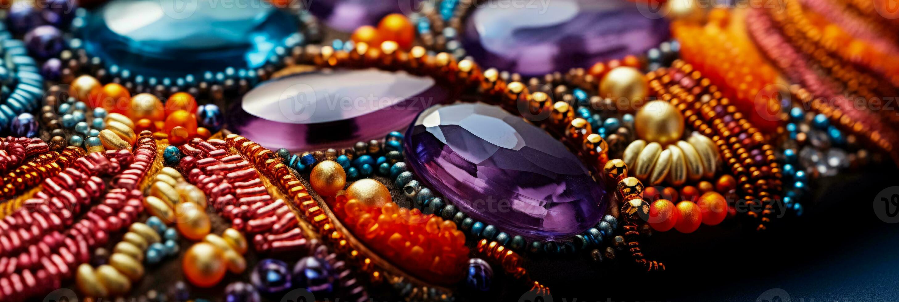 Macro photography showcasing bead embroidery details on diverse textile backgrounds photo