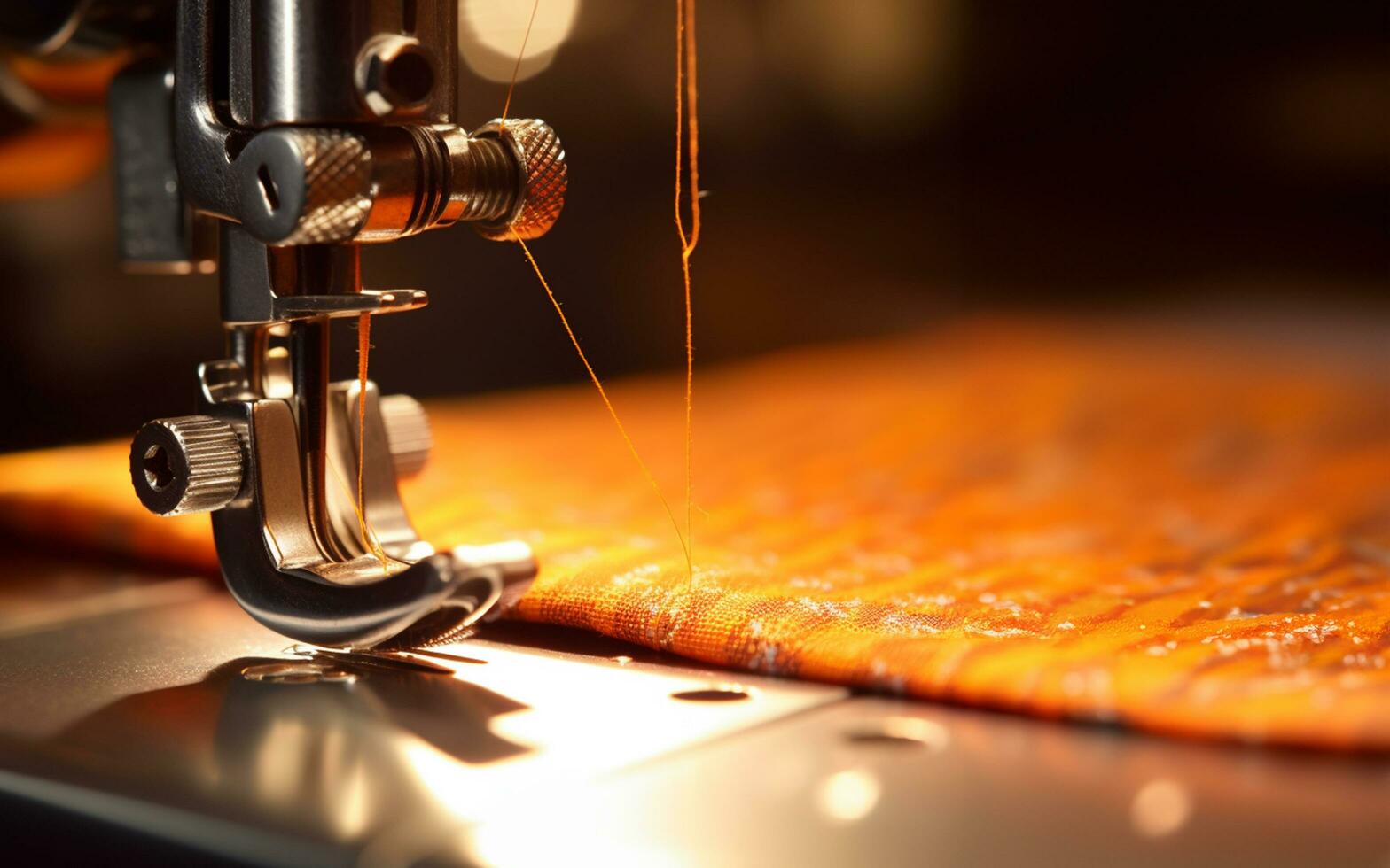 Close-Up of Sewing Machine Needle Working on Dotted Orange Fabric photo