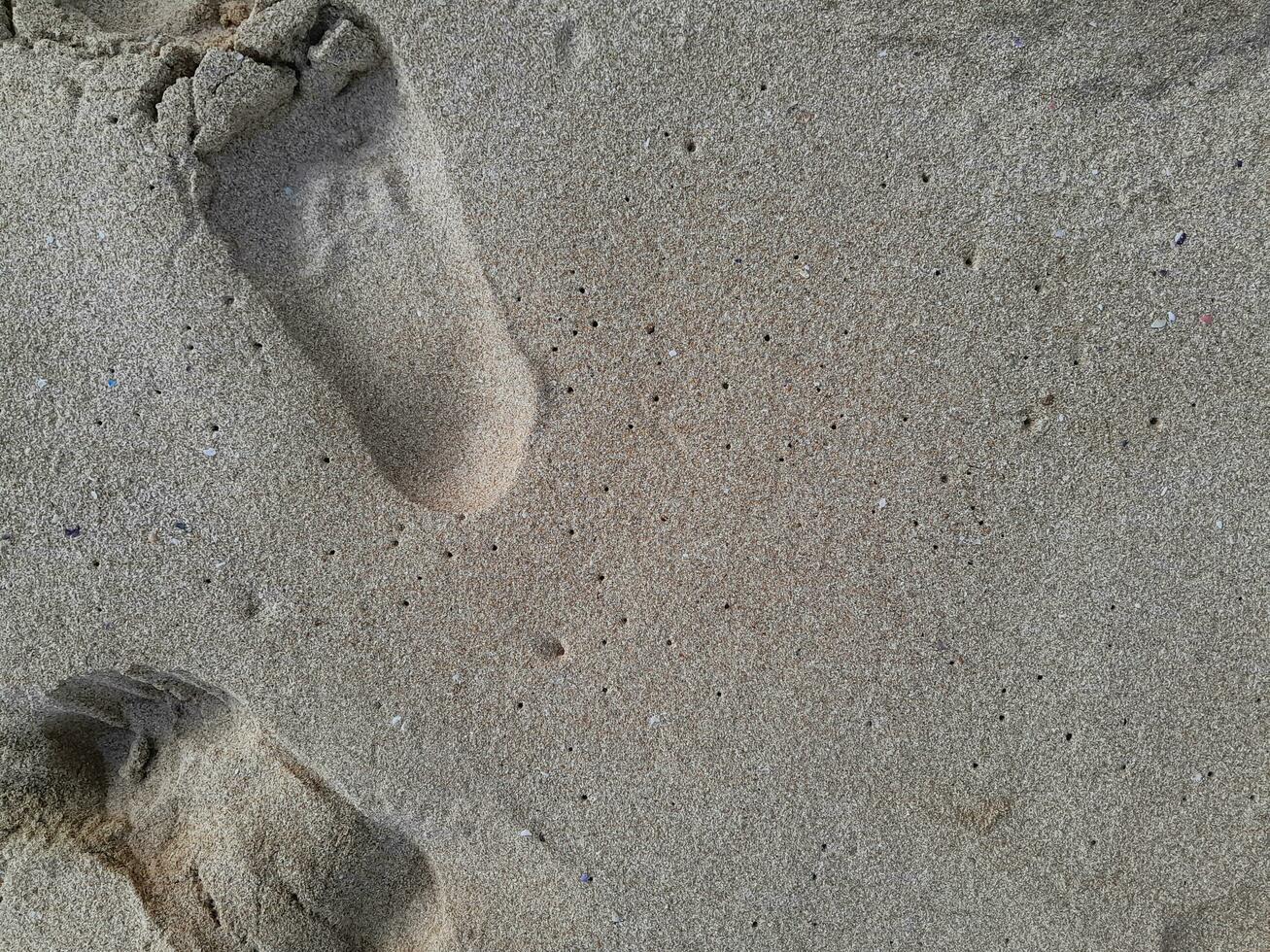 Footprint textured of human feet on the sand coastal photo