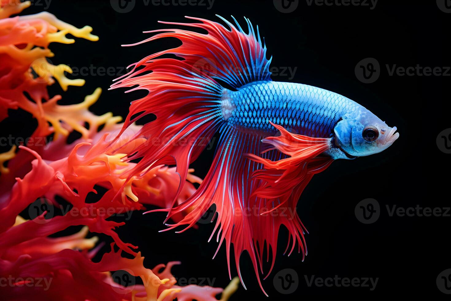 Small brightly colored betta fish isolated black background Generative A photo