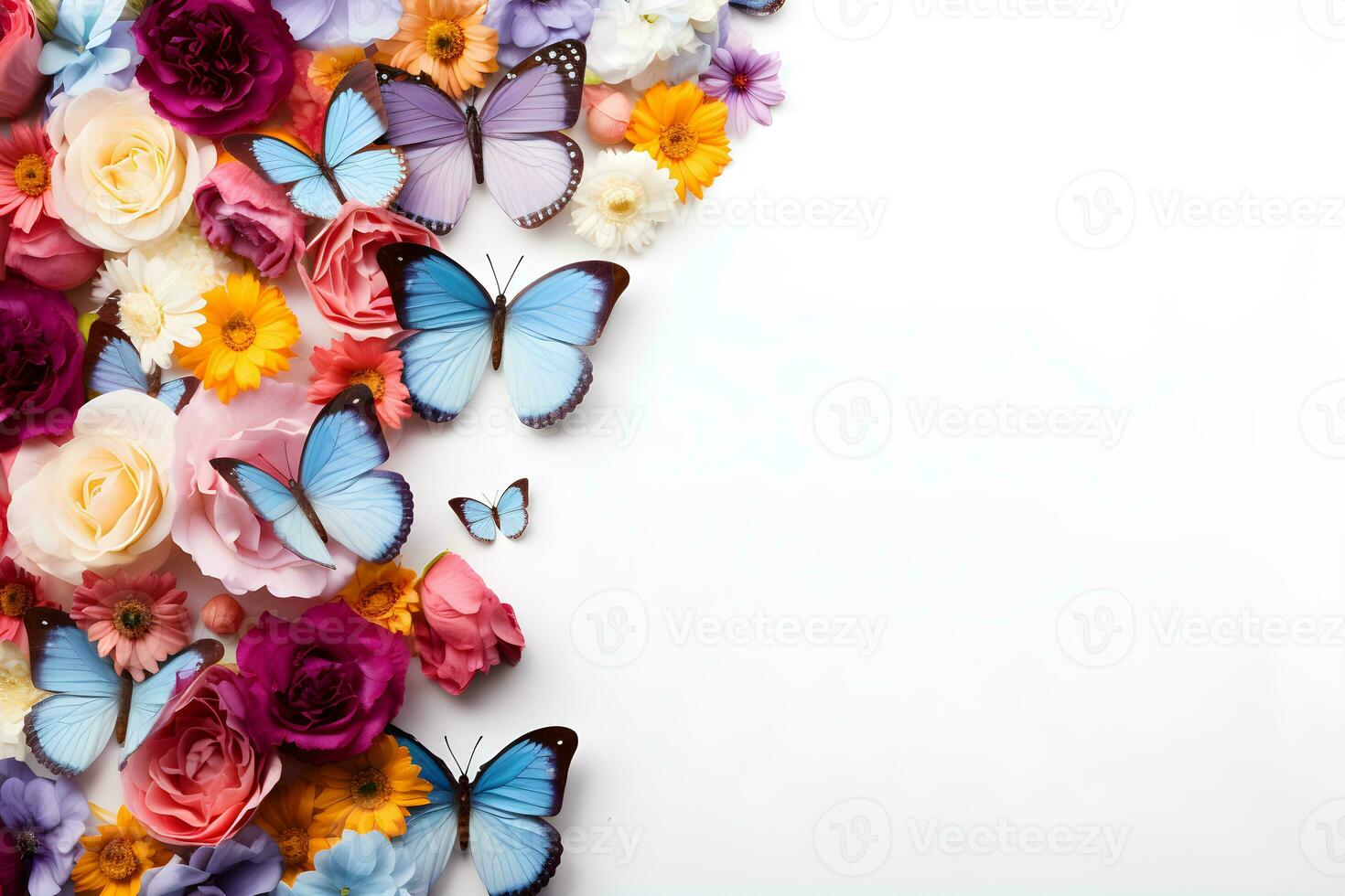 Flowers butterflies colorful white background photography 4K virtual high resolution Generative AI photo