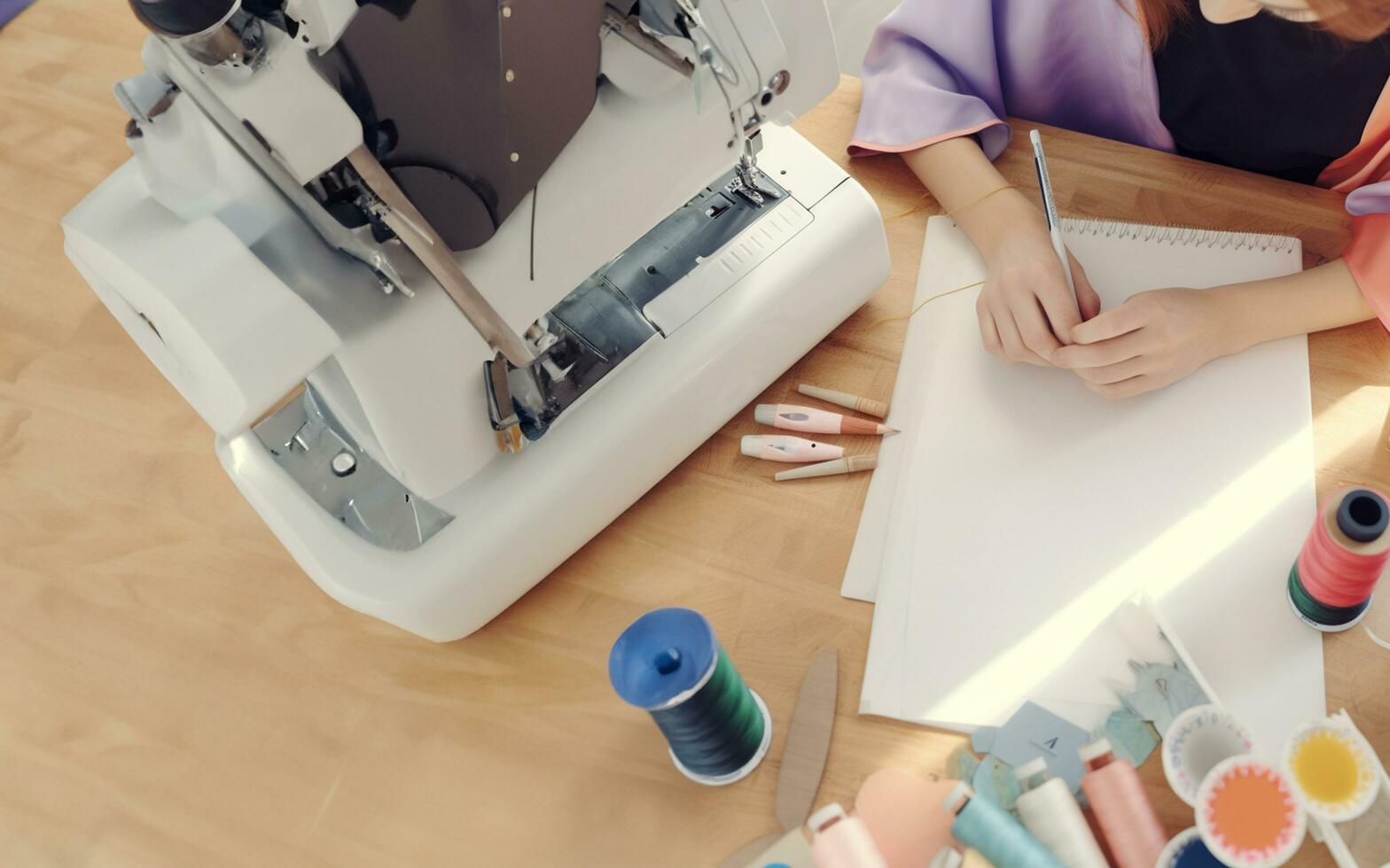 Creative Process, Person Sketching Beside a Sewing Machine photo
