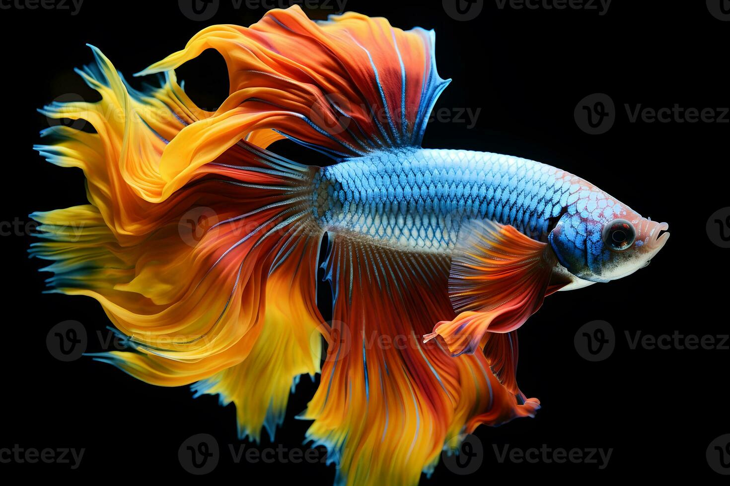 Small brightly colored betta fish isolated black background Generative A photo