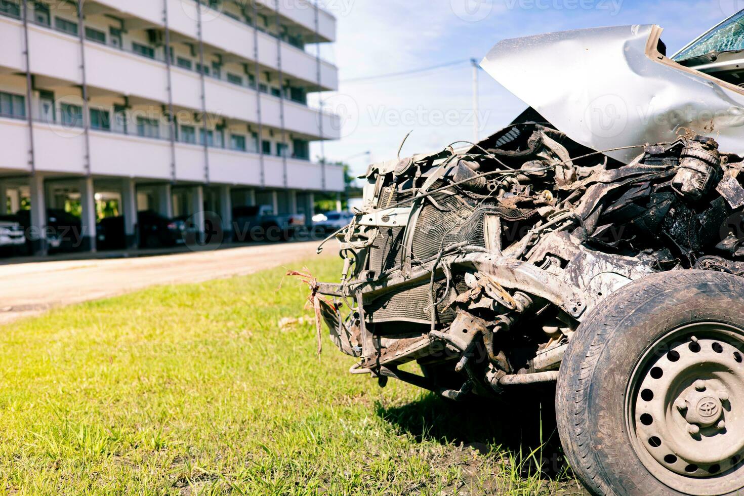 The front of the car was damaged and broken in a road accident, so the car could not be driven further. photo