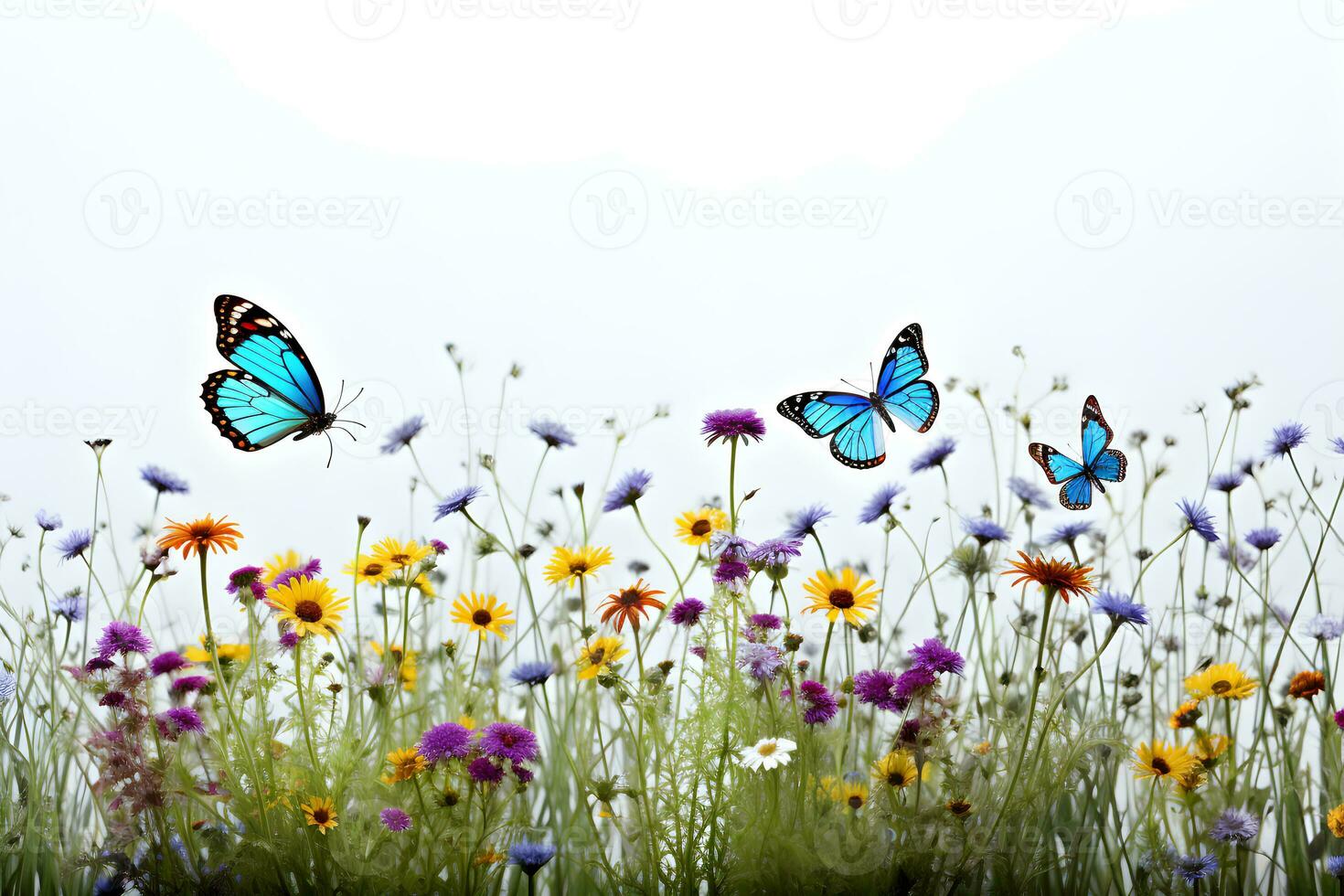 Flowers butterflies colorful white background photography 4K virtual high resolution Generative AI photo