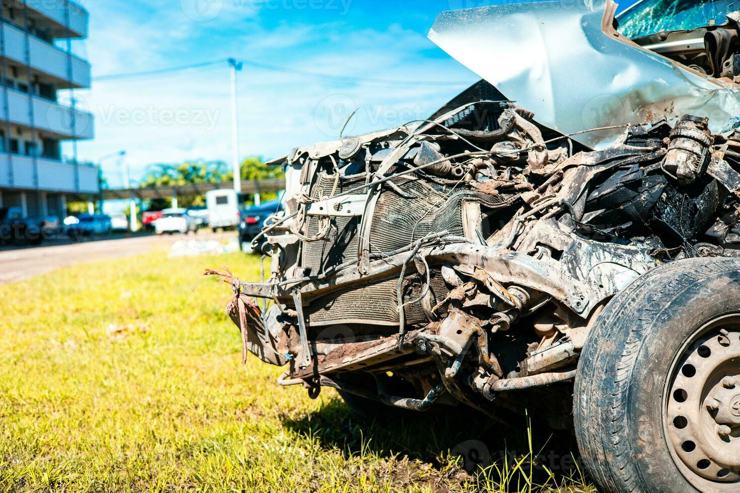 The front of the car was damaged and broken in a road accident, so the car could not be driven further. photo