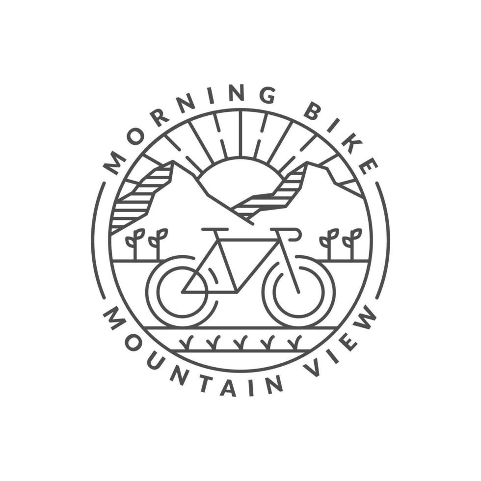 morning mountain biking badge vector illustration. mountain and bicycle monoline or line art style. design can be for t-shirts, sticker, printing needs