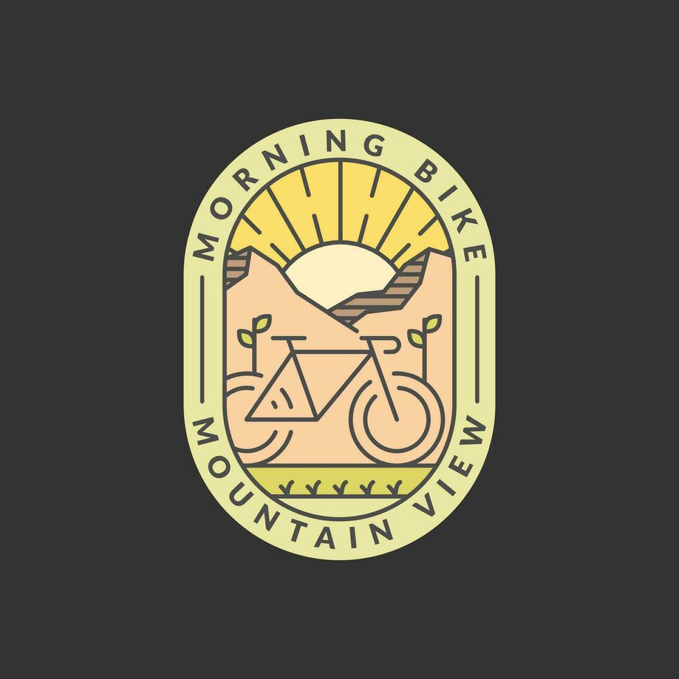 morning mountain biking badge vector illustration. mountain and bicycle monoline or line art style. design can be for t-shirts, sticker, printing needs