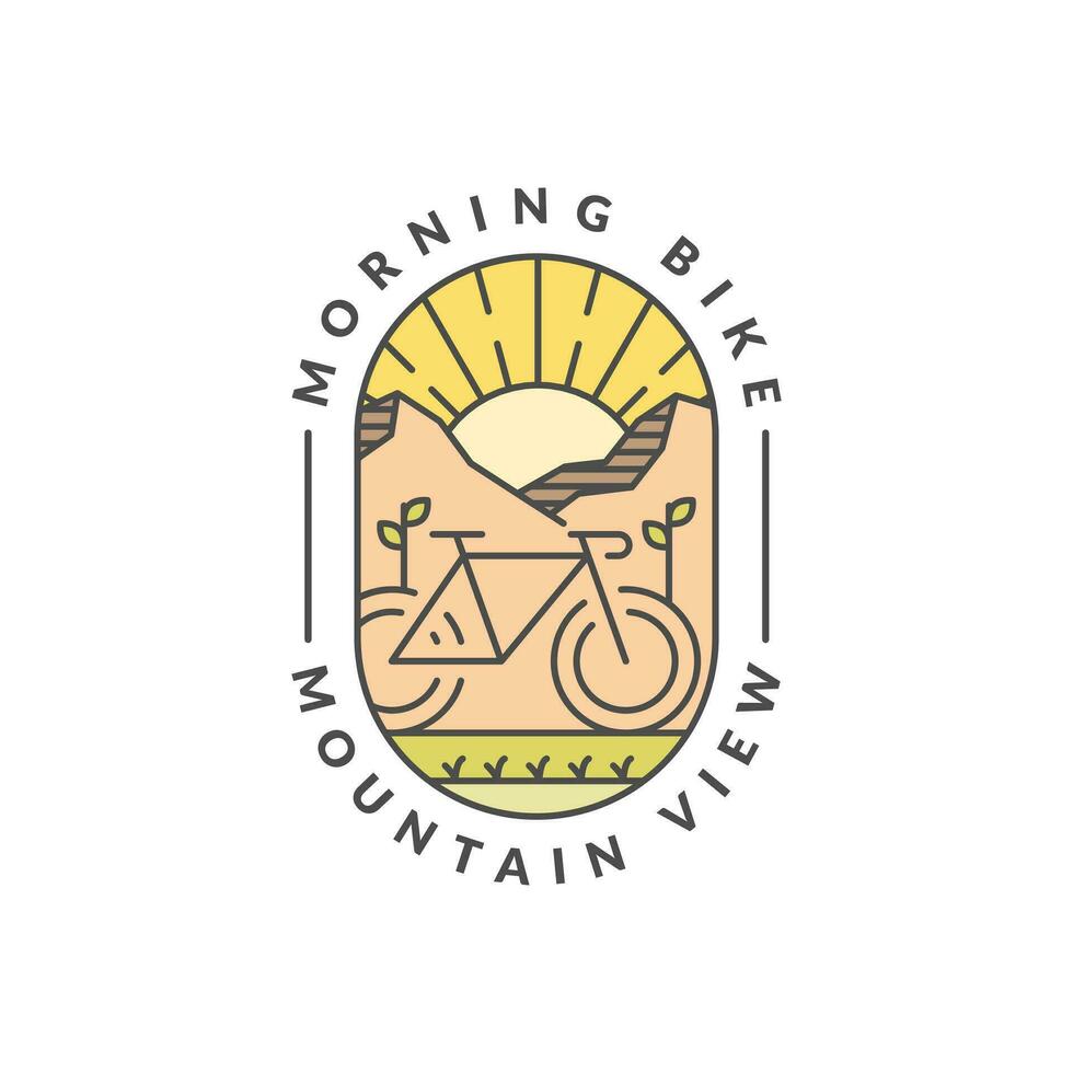 morning mountain biking badge vector illustration. mountain and bicycle monoline or line art style. design can be for t-shirts, sticker, printing needs
