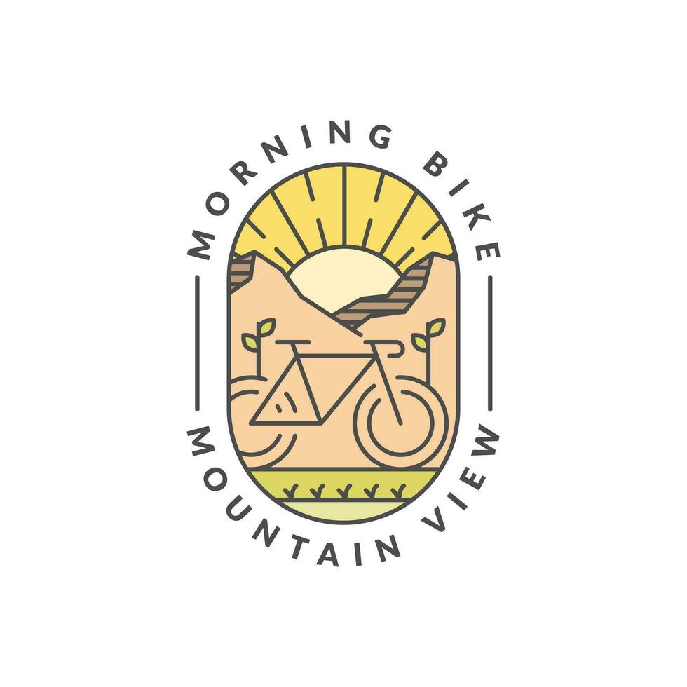 morning mountain biking badge vector illustration. mountain and bicycle monoline or line art style. design can be for t-shirts, sticker, printing needs