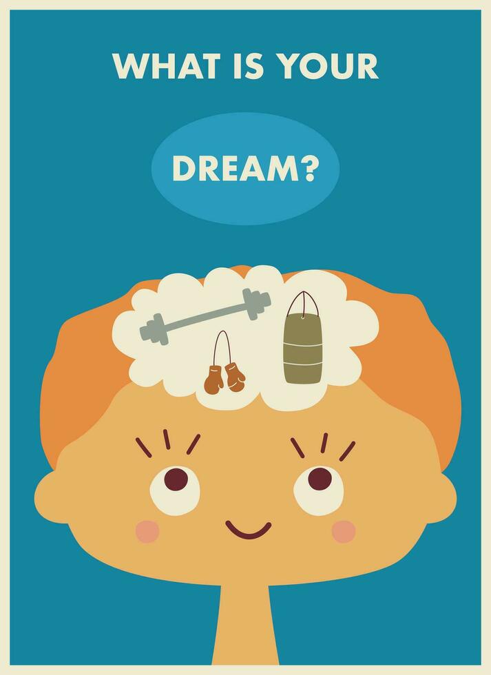 educativo póster con un niño soñando de diferente Deportes vector ilustración