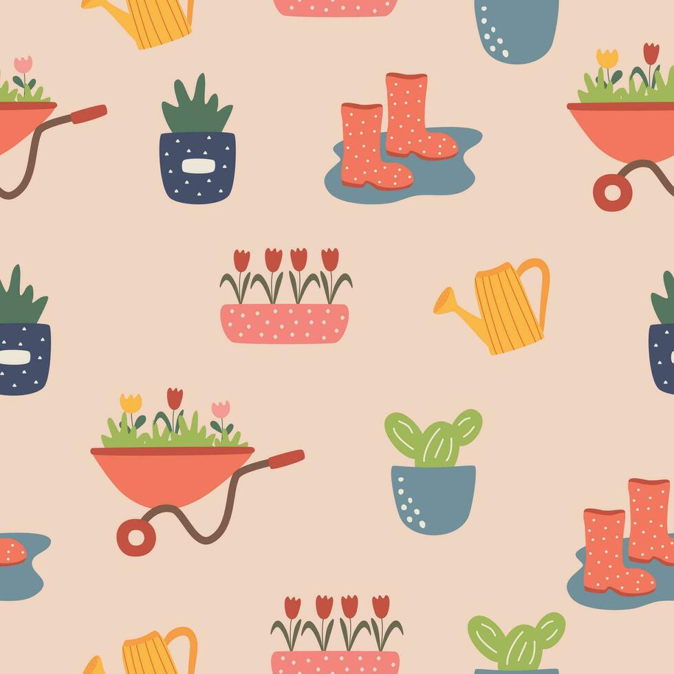 Cute seamless pattern of garden supplies vector illustration