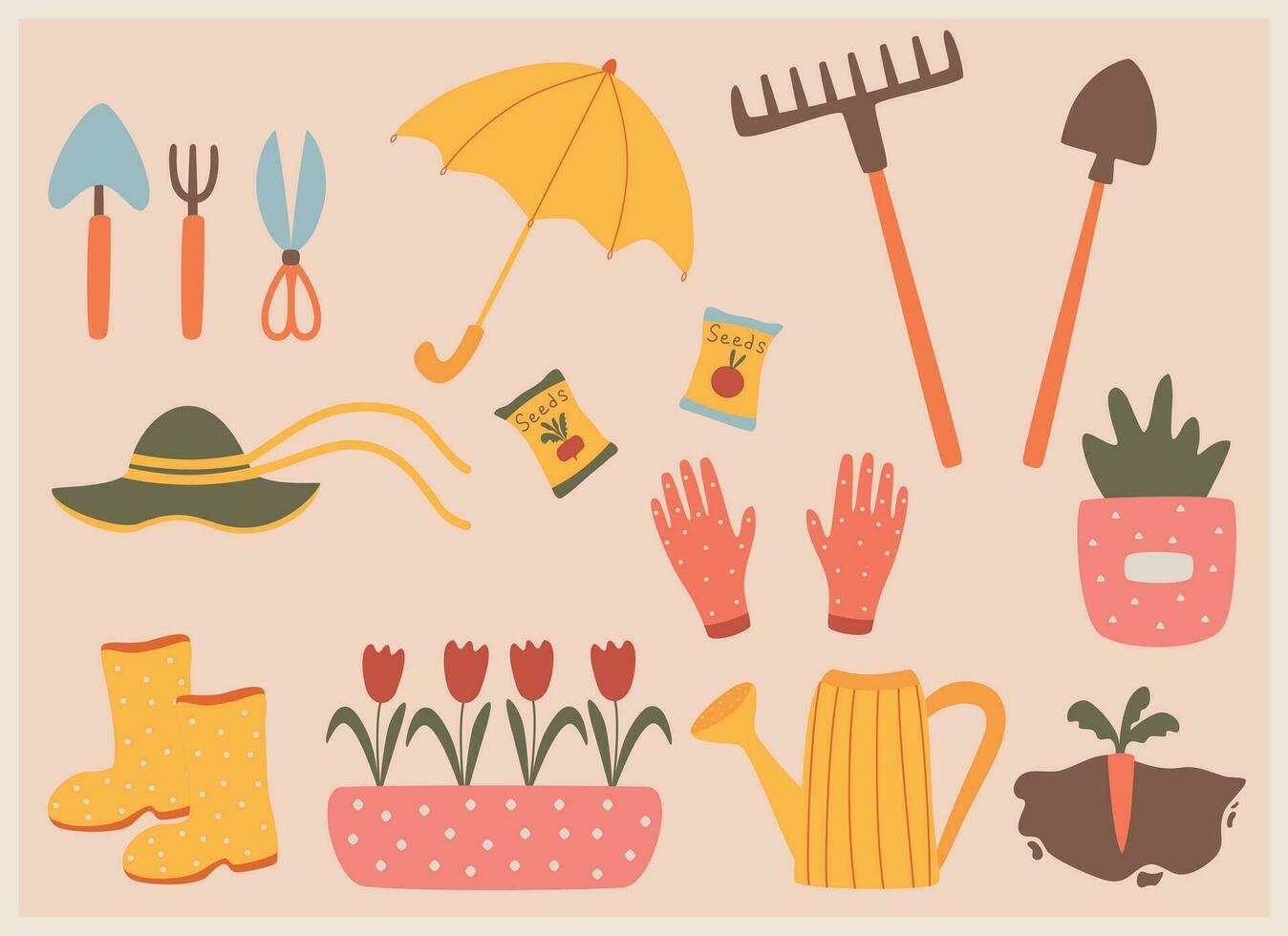 Big cute multicolored set of garden supplies vector illustration