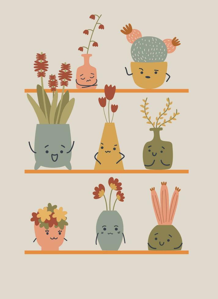 cute multicolored set of cacti and flowers in pots with cute faces vector illustration