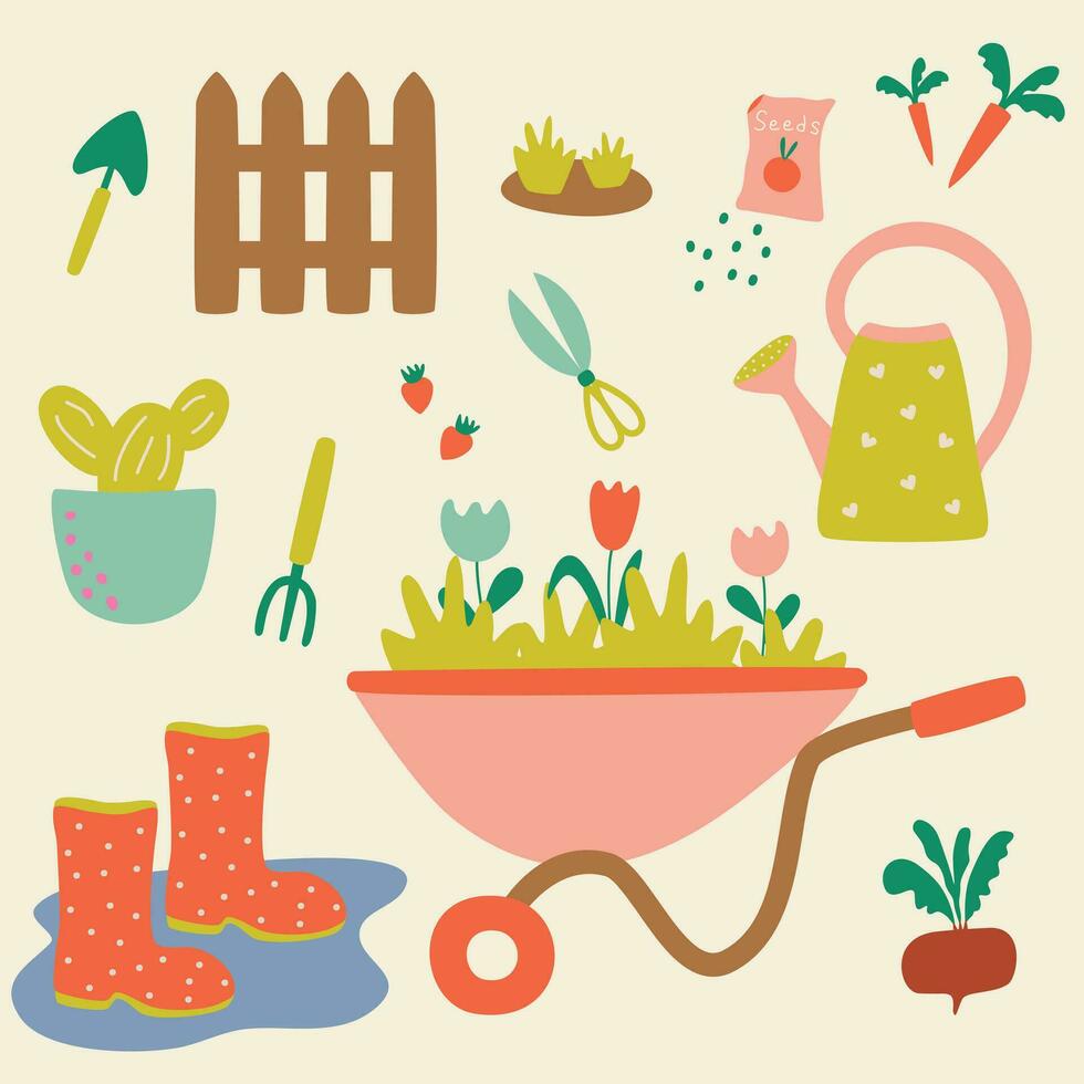 cute multicolored set of garden supplies vector illustration