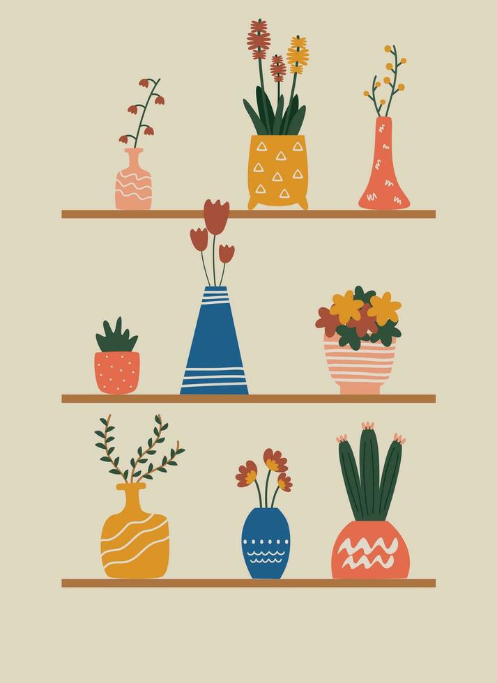 cute bright multicolored set of flowers on the shelves vector illustration