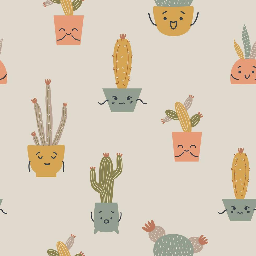 linda multicolor sin costura modelo de cactus en ollas con caras vector ilustración