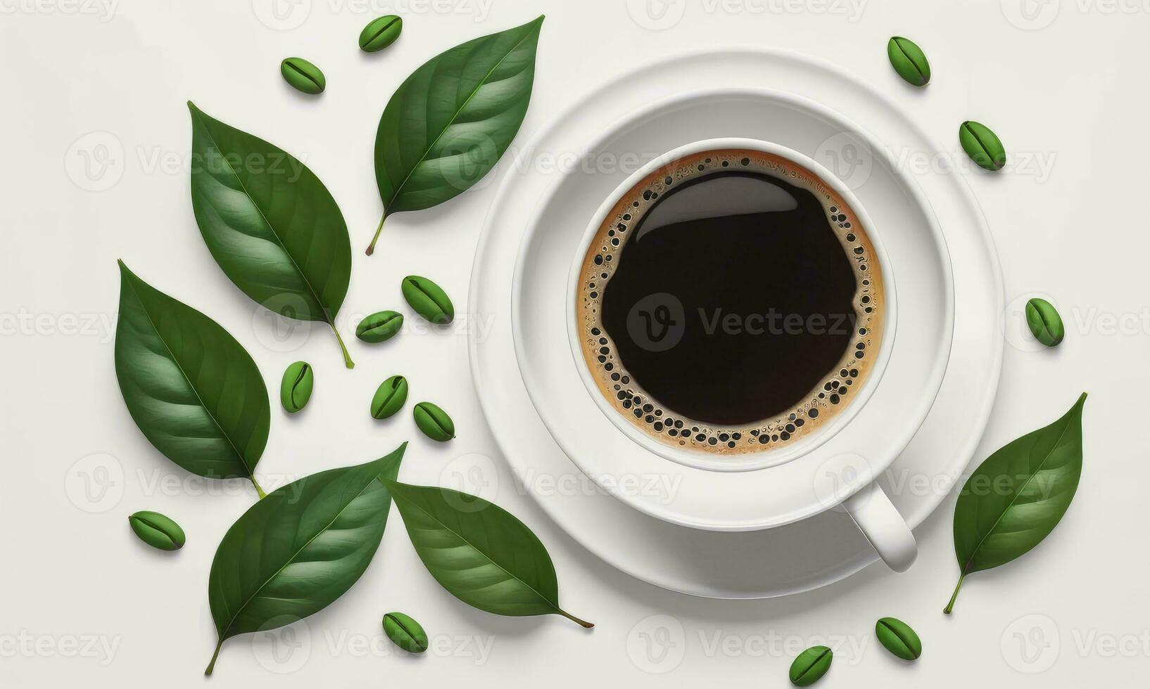 taza de negro café verde hojas y frijoles en blanco antecedentes foto