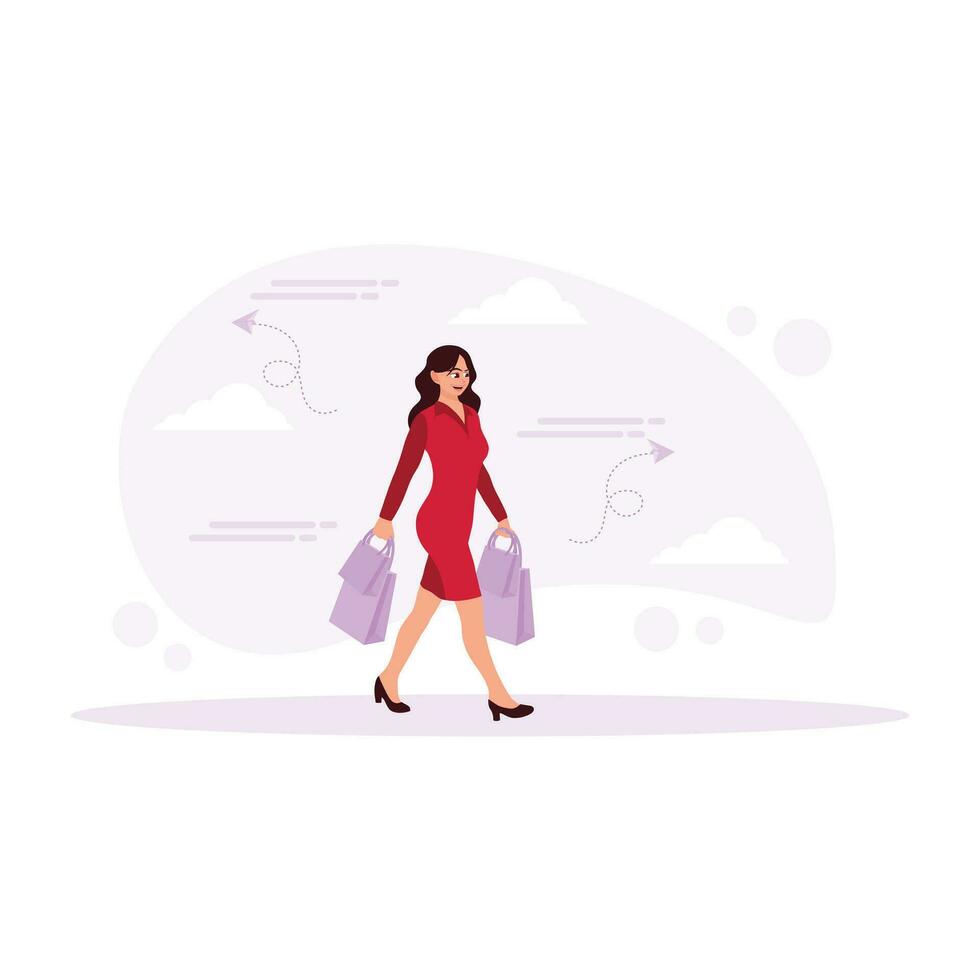 alegre joven mujer caminando mientras que lleva compras bolsas. lleno apilar concepto. tendencia moderno vector plano ilustración