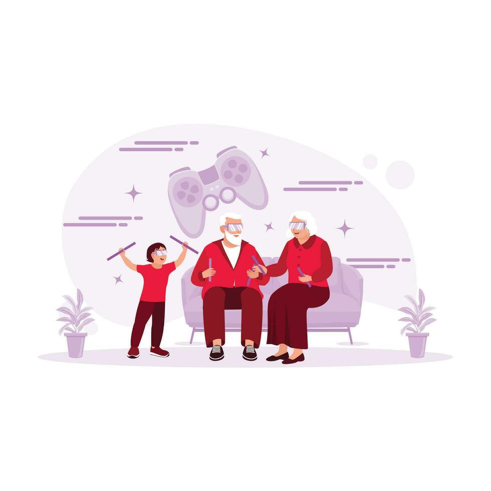 Grandson and grandparents use virtual glasses to play video games together. Virtual Relationships concept. Trend Modern vector flat illustration