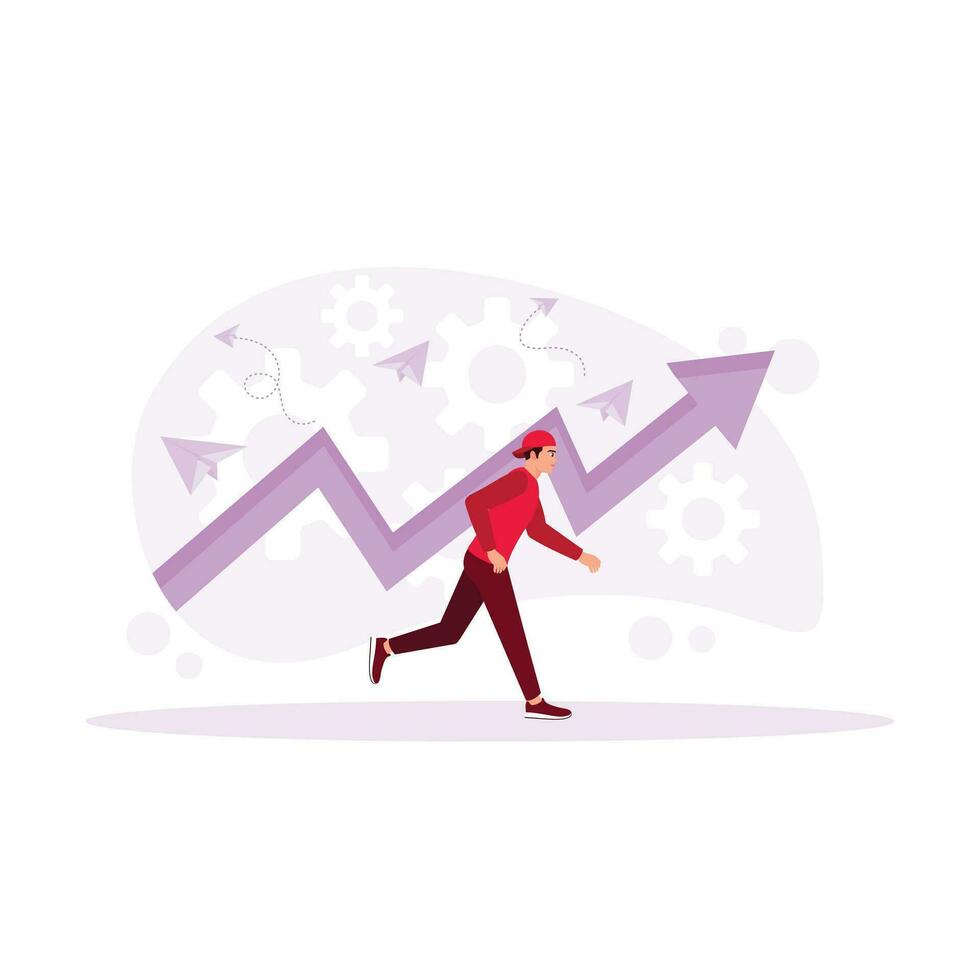 Man running towards goal. Up arrow. In Progress concept. trend  modern vector  flat illustration