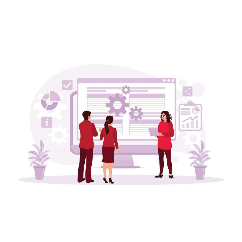 Female manager having a meeting with the work team. Analyzing work results via a computer screen. Presentation concept. trend modern vector flat illustration