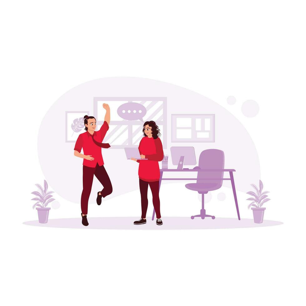 Happy businessman and woman. Male businessman jumping. Happy because of successful work. Employee Work Concept. Trend Modern vector flat illustration