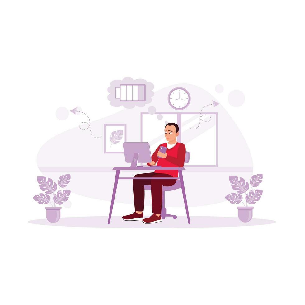 Middle aged man bored working in front of computer feeling tired. Stressed worker. Boring Job Concept. Trend Modern vector flat illustration
