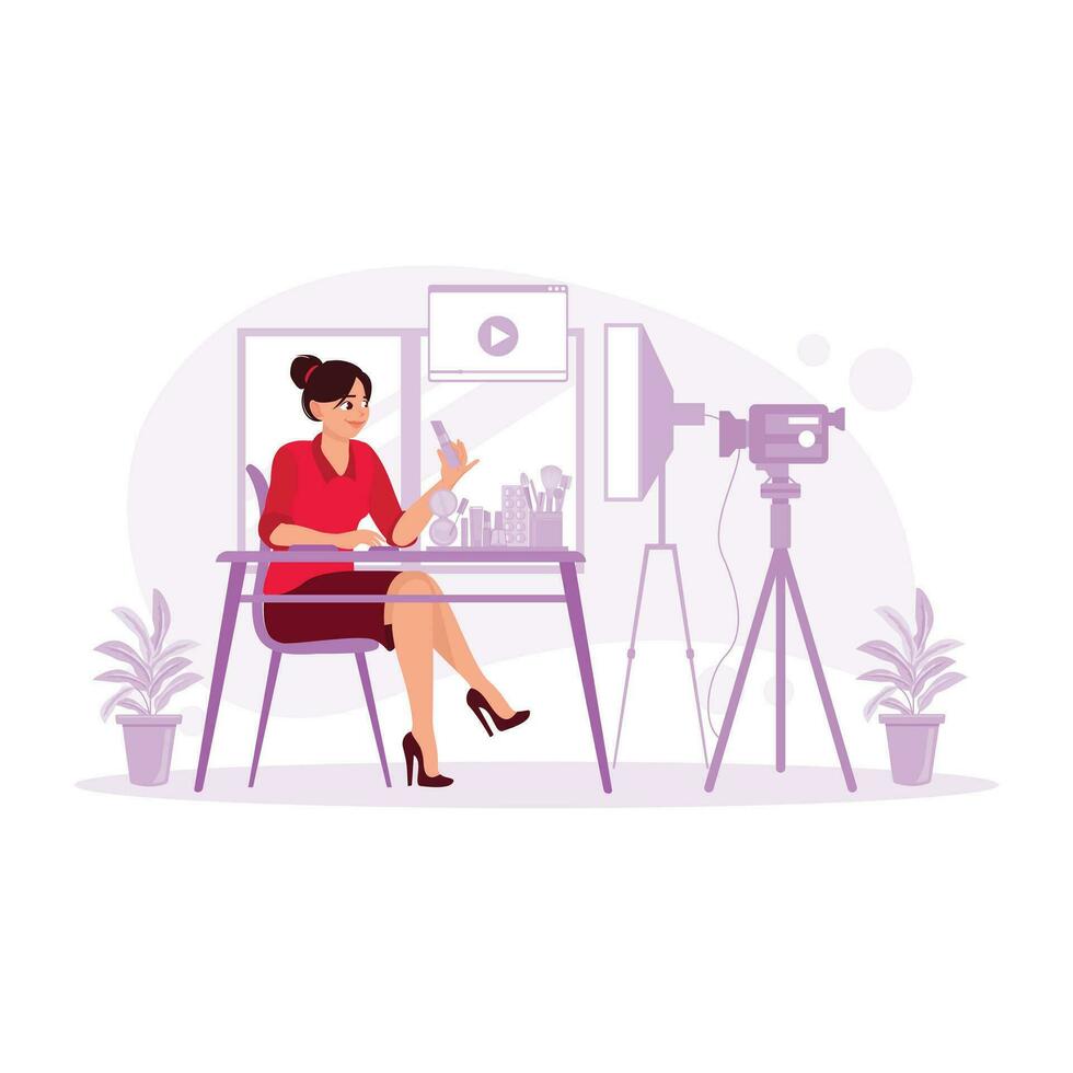 Live streaming cosmetic product reviews. Latest trending makeup tutorials. Blogger concept. trend modern vector flat illustration