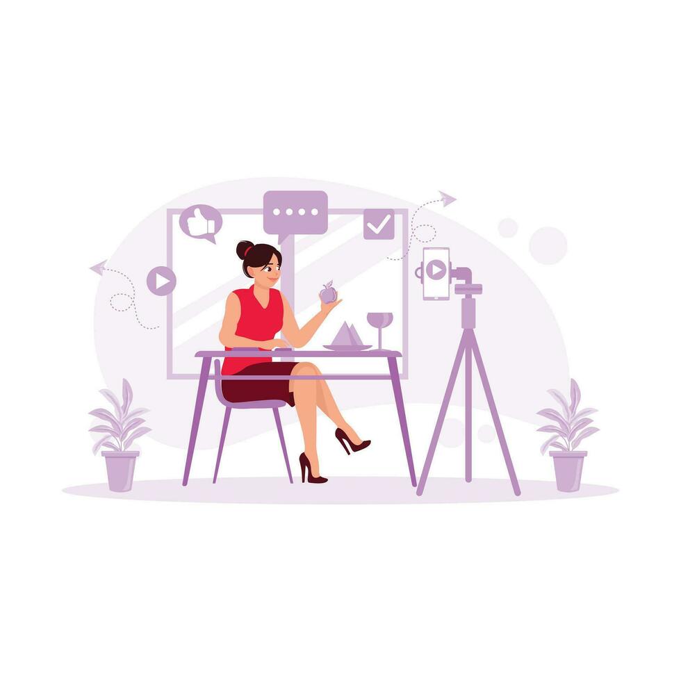 Young female blogger using a mobile phone to record fruit and healthy food. Blogger concept. trend modern vector flat illustration
