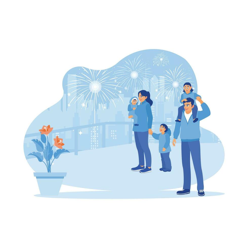 Happy family celebrating New Year's Eve by watching fireworks outside the house in winter. Happy daughter sitting on her father's shoulders. Celebration concept.  trend modern vector flat illustration